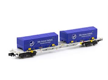 Arnold HN6659 4-achsiger Containertragwagen mit 2x blau 22' coil - N (1:160)