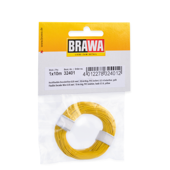 BRAWA 32401 Hochflexible Decoderlitze gelb 0,05mm, Länge 10m