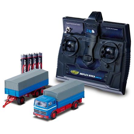 Carson 500504157 Mercedes-Benz 1620 Plane mit Anhänger blau - H0 (1:87)