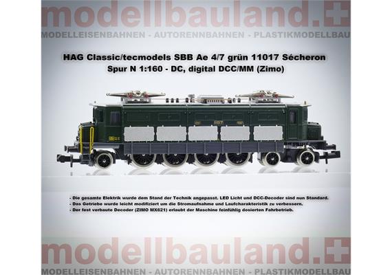 HAG Classic/tecmodels 8011017 SBB Ae 4/7 grün 11017 Sécheron, digital DCC/MM - N (1:160) | Bild 1