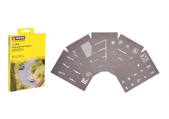 Noch 60745 Strassenmarkierungs-Schablonen - 5 Schablonen, 43 Zeichen - H0 (1:87) | Bild 1
