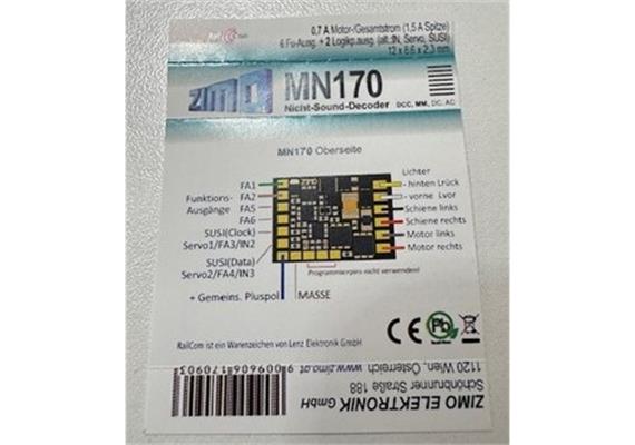 ZIMO MN170 Miniatur-Decoder am 9 Litzen, 0,7A, 2 Funktionsausgänge, N-H0m | Bild 2