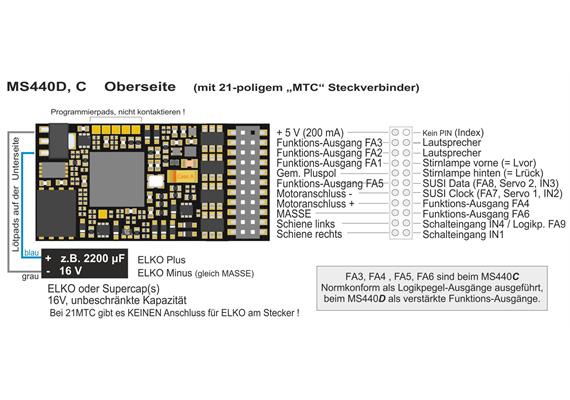 ZIMO MS440D Sounddecoder 21mtc mit Däppen-H0-Ladecode, 1,2A, 8 FU-Ausgänge DCC, mfx, MM | Bild 4