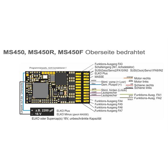 ZIMO MS450 Sounddecoder an Litzen, 1,2A, 12 FU-Ausgänge, Energiesp.-Anschluss - H0