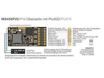 ZIMO MS450P16 Sounddecoder PluX16, 1,2A, 12 FU-Ausgänge, Energiesp.-Anschluss - H0