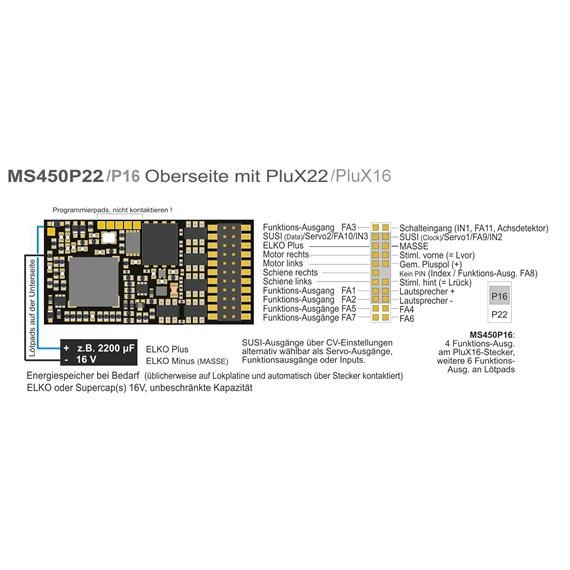 ZIMO MS450P16 Sounddecoder PluX16, 1,2A, 12 FU-Ausgänge, Energiesp.-Anschluss - H0