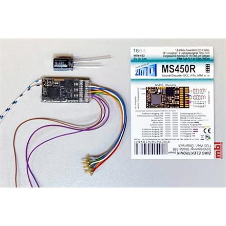 ZIMO MS450R Sounddecoder 8pol., 1,2A, 12 FU-Ausgänge, Energiesp.-Anschluss - H0
