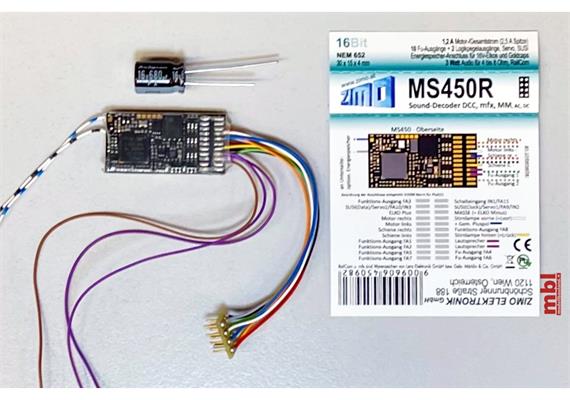 ZIMO MS450R Sounddecoder 8pol., 1,2A, 12 FU-Ausgänge, Energiesp.-Anschluss - H0 | Bild 1