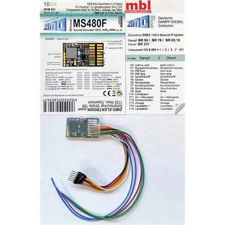 ZIMO MS480F Mini-Sound-Decoder DCC/mfx, 0,8 A, 6 Fu.-Ausgänge, 2 Logikpegel, 6pol./Litzen