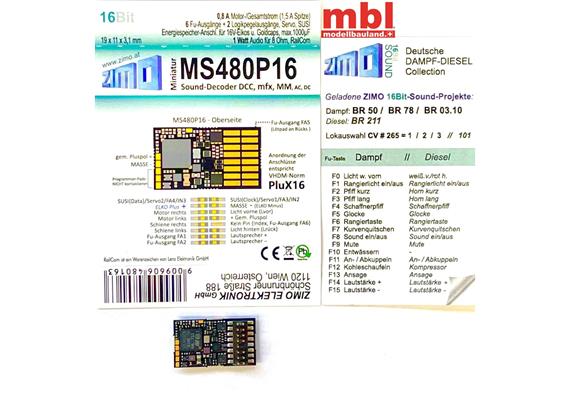 ZIMO MS480P16 Miniatursound-Decoder, 0.8A, 6 Fu-Ausgänge, PluX16-Schnittstelle