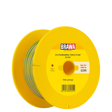 Brawa 32395 Flachbandlitze 3 - farben gelb/weiss/grün, 0,14 qmm, 25 m