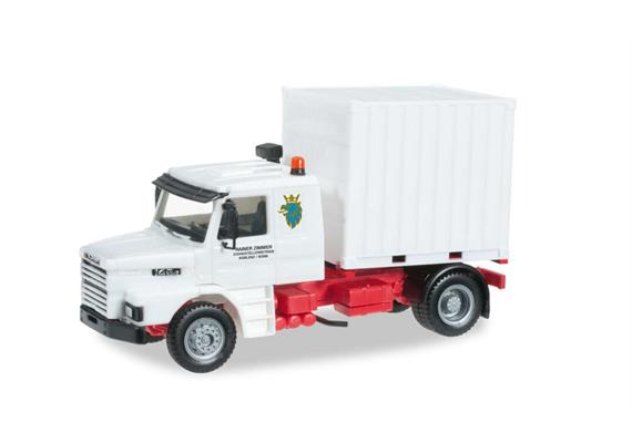Herpa 303828 Scania 143 Hauber Zugmaschine mit 10ft. Container "Schausteller Zimmer" - H0
