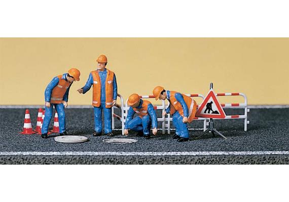 Preiser 10445 Kanalarbeiter, Absperrung, Kanaldeckel - H0 (1:87)
