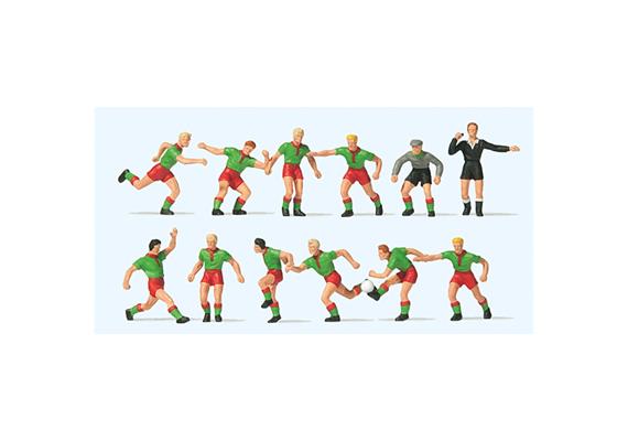 Preiser 10757 Fußballmannschaft mit Torwart und Schiedsrichter, grüne Trikots, rote Hosen