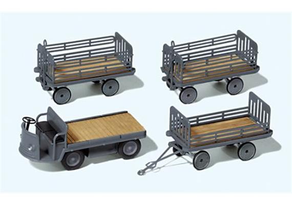 Preiser 17122 Elektrokarre mit 3 Anhängern DB Ep.III