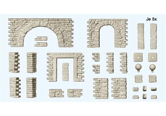 Preiser 18217 Bruchsteinmauern mit Toröffnungen und Rundbogen, Eckpfeiler, Zubehör HO