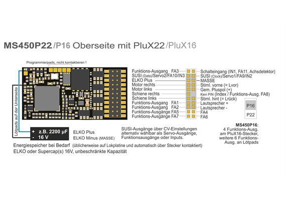 ZIMO MS450P16 Sounddecoder PluX16, 1,2A, 12 FU-Ausgänge, Energiesp.-Anschluss - H0 | Bild 1