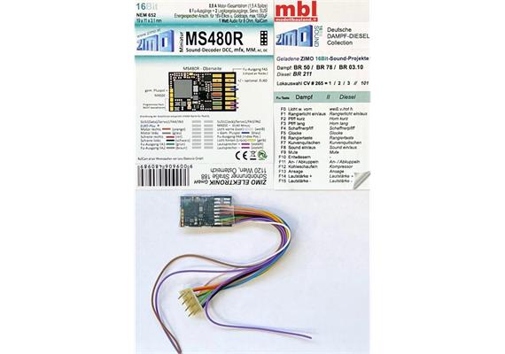 ZIMO MS480R Mini-Sound-Decoder DCC/mfx, 0,8 A, 6 Fu.-Ausgänge, 2 Logikpegel, 8pol.
