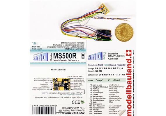 ZIMO MS500R Subminiatur-Sounddecoder, 0,7A, 4 Fu-Ausgänge, 8pol. Schnittstelle