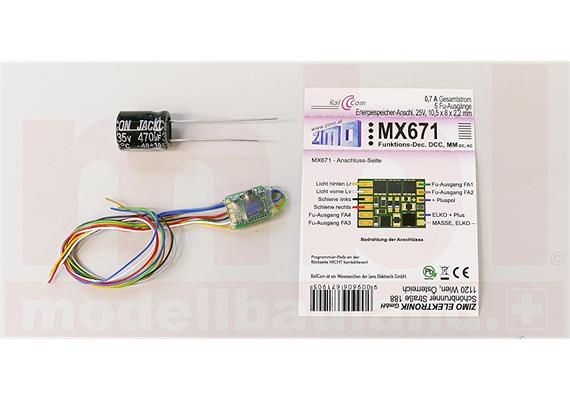 ZIMO MX671 Funktiondecoder, 6 Funktionsausgänge an Litzen
