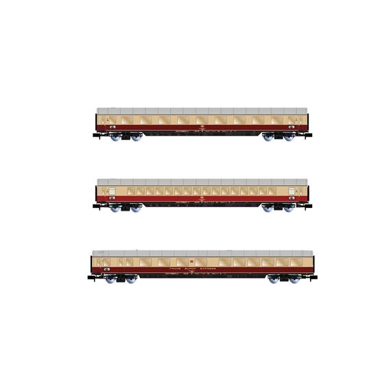 Arnold HN4364 DB, 3er Packwagen "TEE Bavaria" (Apm121, Avm111 & ARDm106), rot/beige - N