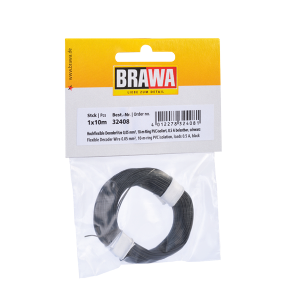 BRAWA 32408 Hochflexible Decoderlitze schwarz 0,05mm, Länge 10m