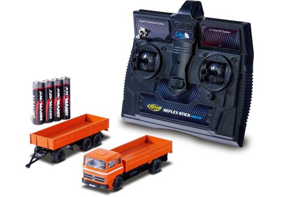 Carson 500504159 Mercedes-Benz 1620 Pritsche mit Anhänger orange - H0 (1:87)