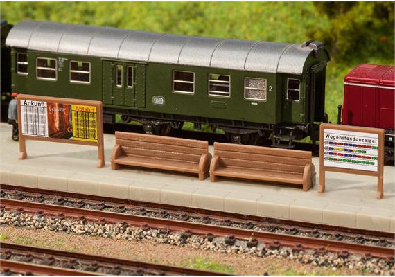 Faller 272904 Bahnsteigbänke, Werbetafeln - N (1:160)