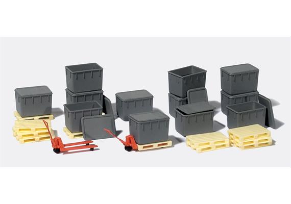 Preiser 31025 12 Kunststoffbehälter, stapelbar, Deckel lose, 12 Paletten, 2 Hubwagen