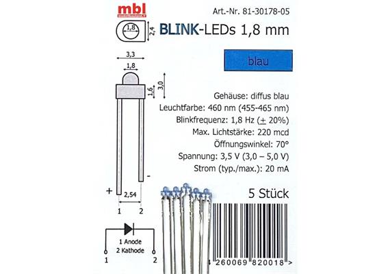Tams 81-30178-05 Blink-LEDs 1,8 mm, blau, diffus farbig, 5 Stück | Bild 1