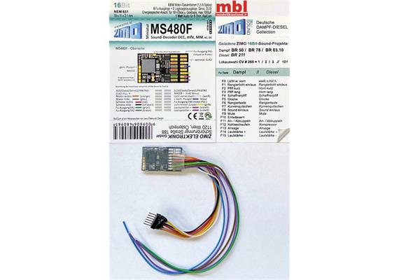 ZIMO MS480F Mini-Sound-Decoder DCC/mfx, 0,8 A, 6 Fu.-Ausgänge, 2 Logikpegel, 6pol./Litzen