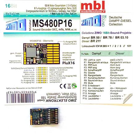ZIMO MS480P16 Miniatursound-Decoder, 0.8A, 6 Fu-Ausgänge, PluX16-Schnittstelle