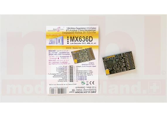 ZIMO MX636D Decoder 21mtc mit Energiesp.-Ansch. (16V) - 26 x 15,5 x 3,5 mm - 1,8 A