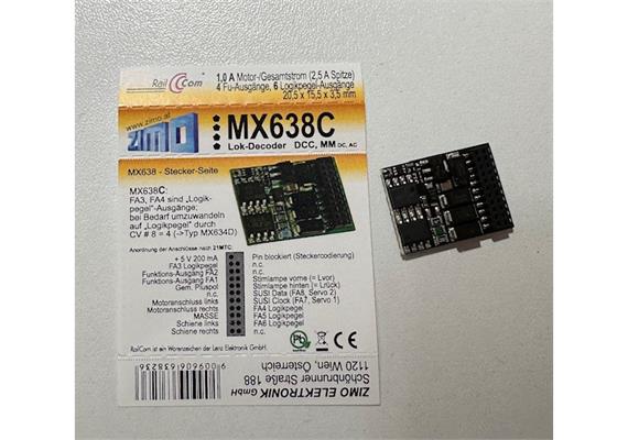 ZIMO MX638C H0 Decoder, 1,0 A, 4 Fu-Ausgänge, 6 Logikpegel-Ausgänge, 21pol. mtc