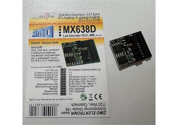 ZIMO MX638D H0 Decoder, 1,0 A, 6 Fu-Ausgänge, 21pol. mtc
