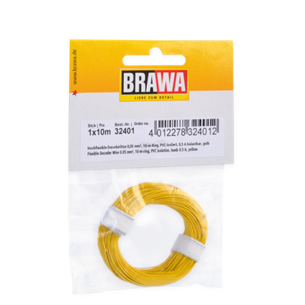 BRAWA 32401 Hochflexible Decoderlitze gelb 0,05mm, Länge 10m