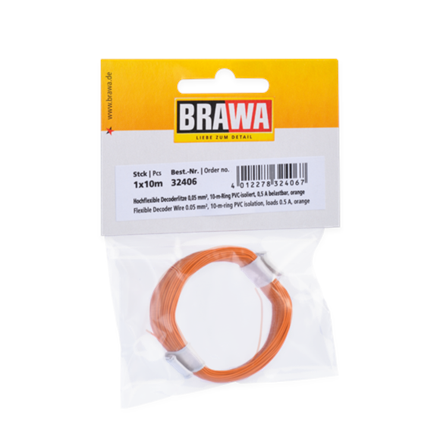 BRAWA 32406 Hochflexible Decoderlitze orange 0,05mm, Länge 10m