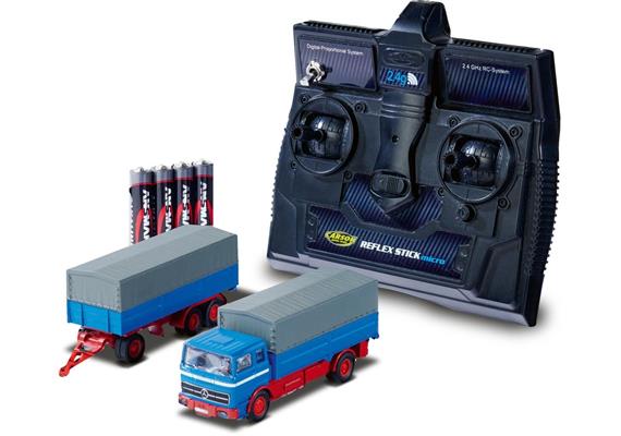 Carson 500504157 Mercedes-Benz 1620 Plane mit Anhänger blau - H0 (1:87)