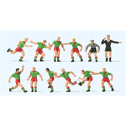 Preiser 10757 Fußballmannschaft mit Torwart und Schiedsrichter, grüne Trikots, rote Hosen