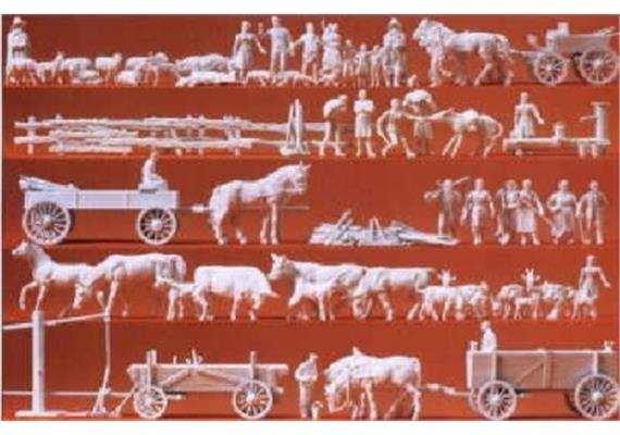Preiser 16327 Ländliche Gruppe, Gespanne, 60 unbemalte Figuren