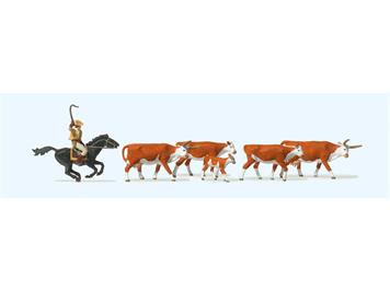 Preiser 10159 Langhornrinder, Cowboy zu Pferd, H0
