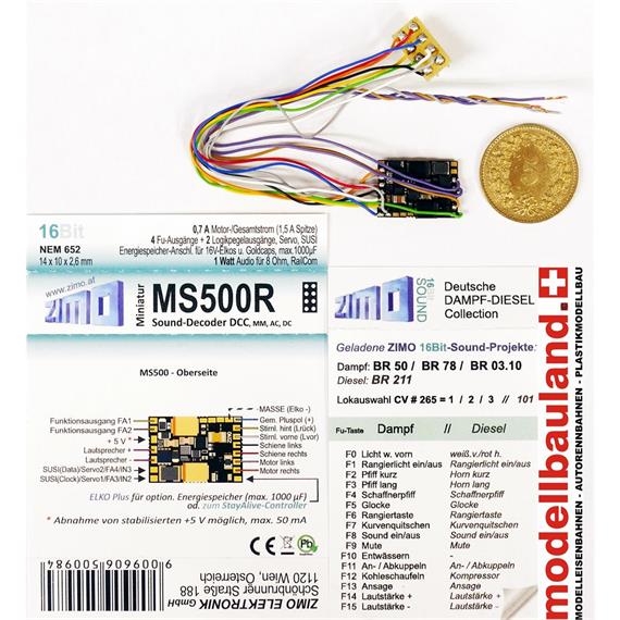 ZIMO MS500R Subminiatur-Sounddecoder, 0,7A, 4 Fu-Ausgänge, 8pol. Schnittstelle