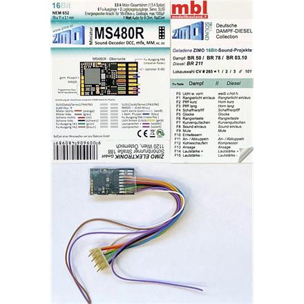 ZIMO MS480R Mini-Sound-Decoder DCC/mfx, 0,8 A, 6 Fu.-Ausgänge, 2 Logikpegel, 8pol.