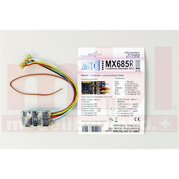 ZIMO MX685R Funktionsdecoder, 8 FU-Ausgänge an Litzen mit 8pol. Stecker