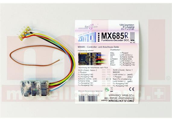 ZIMO MX685R Funktionsdecoder, 8 FU-Ausgänge an Litzen mit 8pol. Stecker